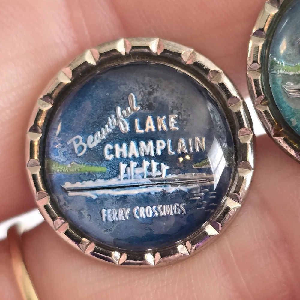 Vintage cuff links Lake Champlain Ferry Crossings silver tone bubble dome